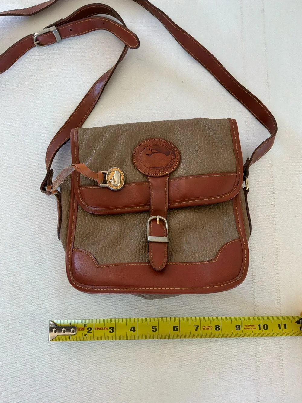 Vintage Dooney & Bourke Leather AWL Taupe & British Tan Crossbody Shoulder Bag